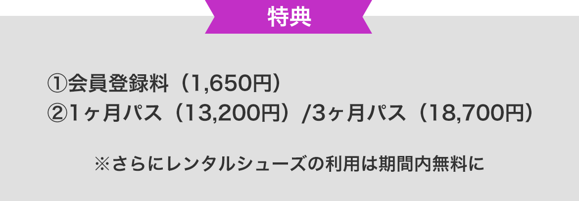 特典　①会員登録料（1,650円）　②1ヶ月パス（13,200円）/3ヶ月パス（18,700円）　※さらにレンタルシューズの利用は期間内無料に