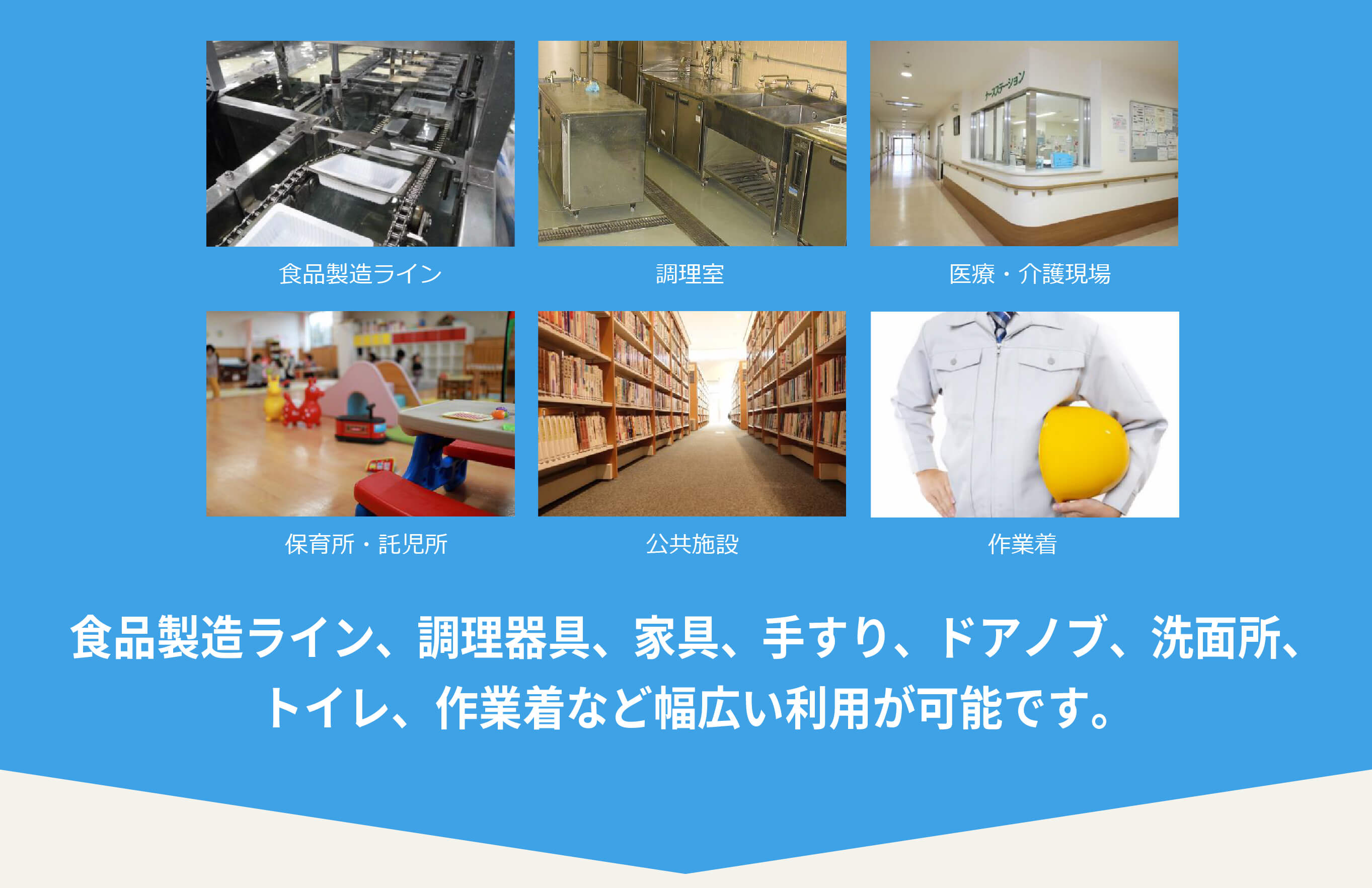 安定微酸性次亜塩素散水「除菌水ジアケア」食品製造ライン、調理器具、家具、手すり、ドアノブ、洗面所、トイレ、作業着、手指など幅広い利用が可能です。